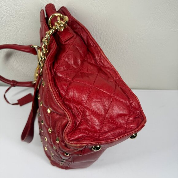 Michael Kors Hamilton Large Studded North South Tote Red Leather Gold Hardware - Picture 3 of 13